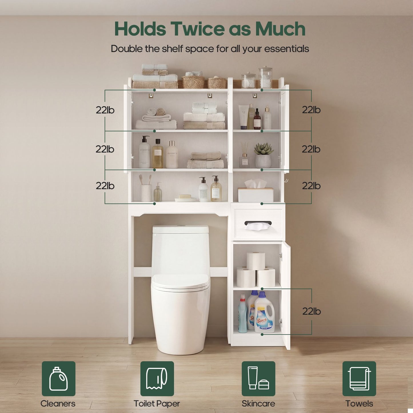 HAUOMS Over Toilet Storage Cabinet with Doors 2-in-1 Separatable Tall Narrow Cabinet 7-Tier Bathroom Storage Cabinet with Adjustable Shelf