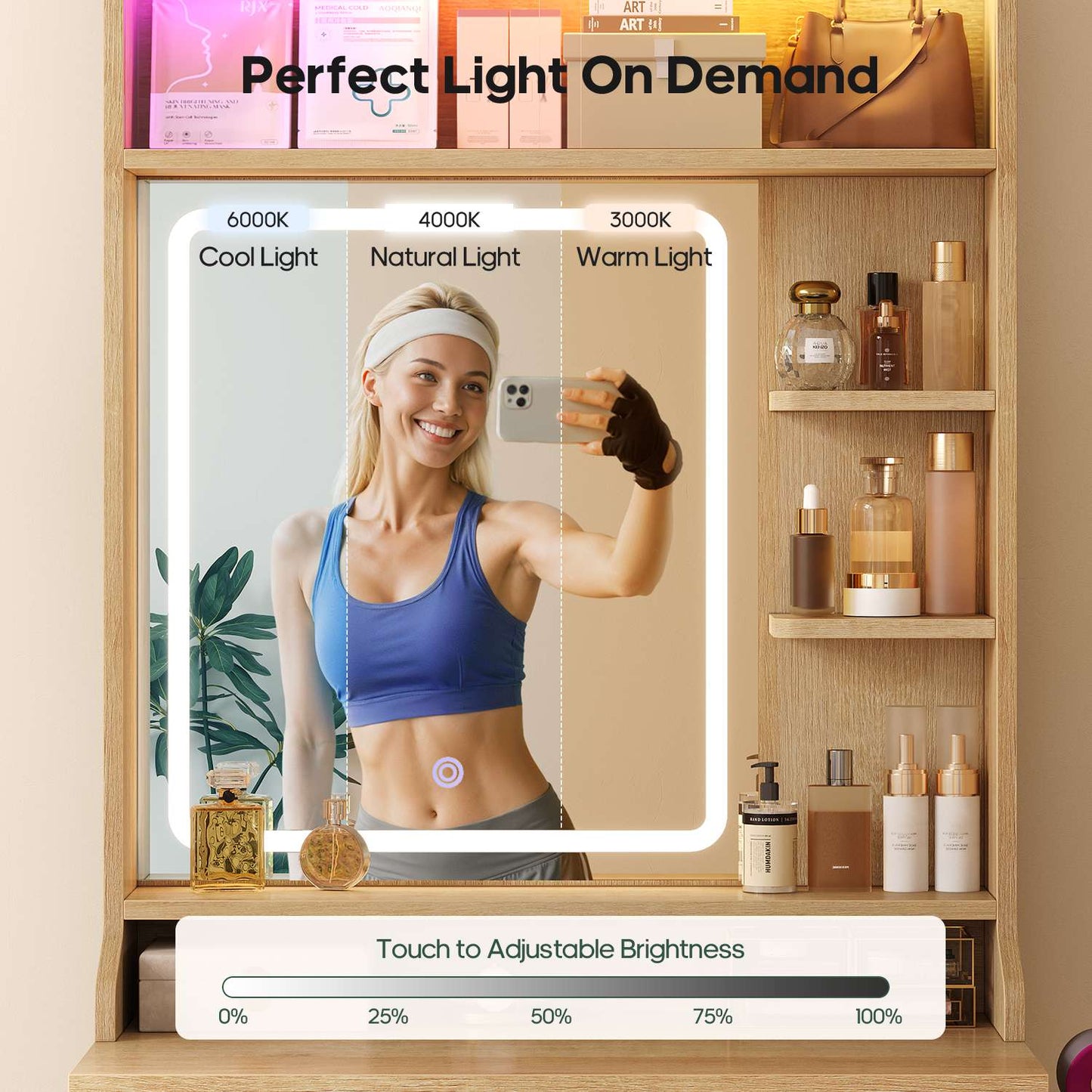 HAUOMS Small Vanity Desk with Mirror Sound Sync LED Lights and Teddy Chair Fluted Wood Compact Makeup Vanity Table Set Storage Drawer