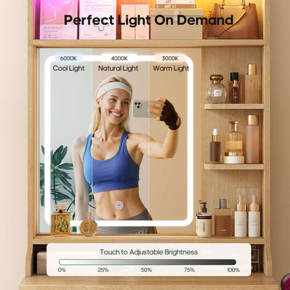 HAUOMS Small Vanity Desk with Mirror Sound Sync LED Lights and Teddy Chair Fluted Wood Compact Makeup Vanity Table Set Storage Drawer