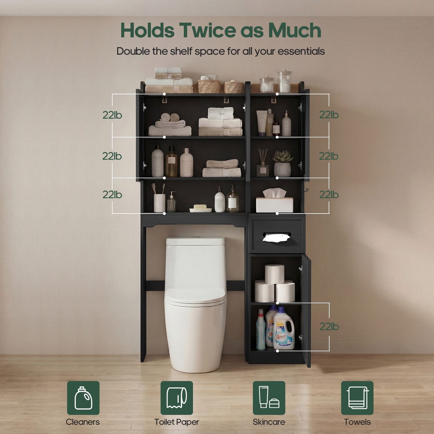 HAUOMS Over Toilet Storage Cabinet with Doors 2-in-1 Separatable Tall Narrow Cabinet 7-Tier Bathroom Storage Cabinet with Adjustable Shelf