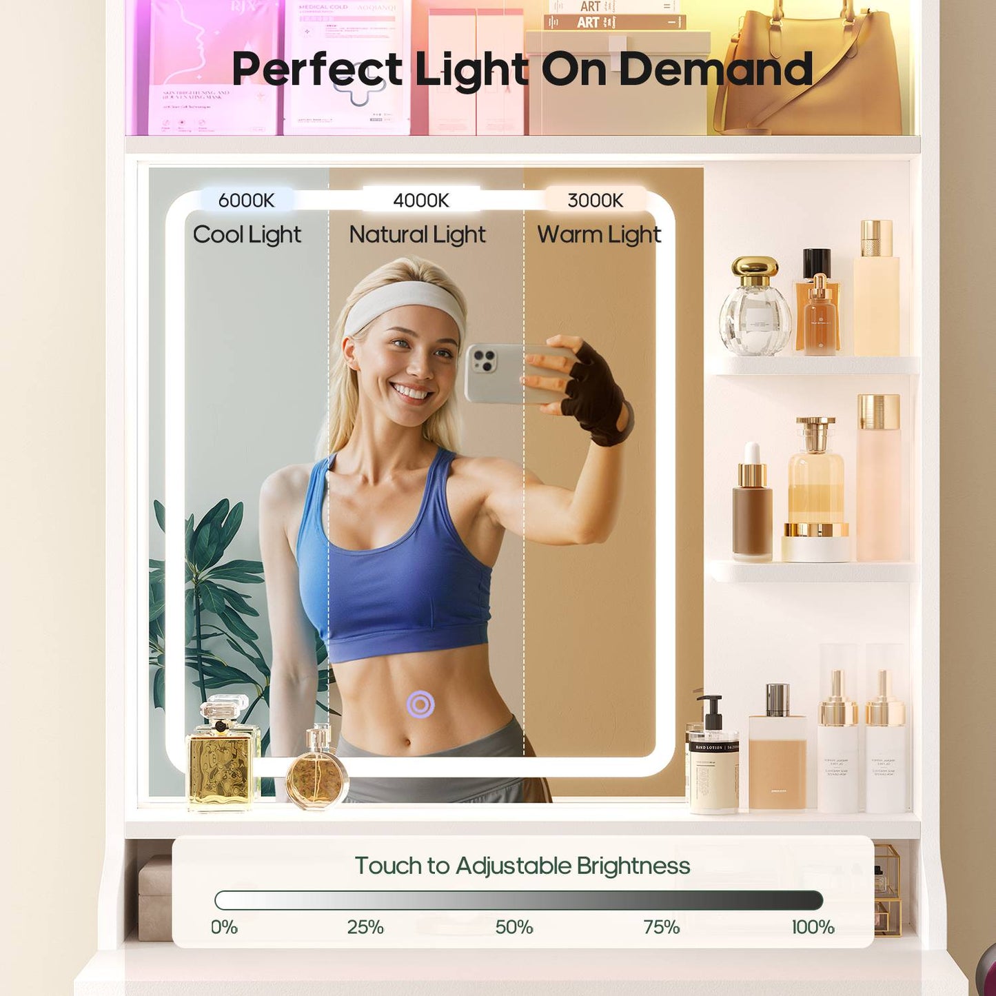 HAUOMS Small Vanity Desk with Mirror Sound Sync LED Lights and Teddy Chair Fluted Wood Compact Makeup Vanity Table Set Storage Drawer