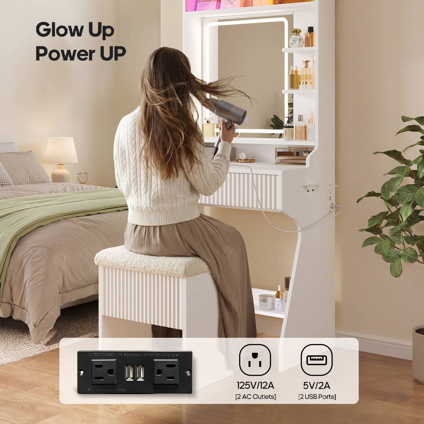 HAUOMS Small Vanity Desk with Mirror Sound Sync LED Lights and Teddy Chair Fluted Wood Compact Makeup Vanity Table Set Storage Drawer