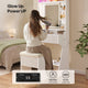 HAUOMS Small Vanity Desk with Mirror Sound Sync LED Lights and Teddy Chair Fluted Wood Compact Makeup Vanity Table Set Storage Drawer