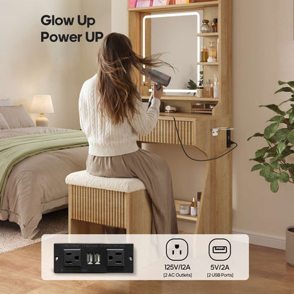 HAUOMS Small Vanity Desk with Mirror Sound Sync LED Lights and Teddy Chair Fluted Wood Compact Makeup Vanity Table Set Storage Drawer