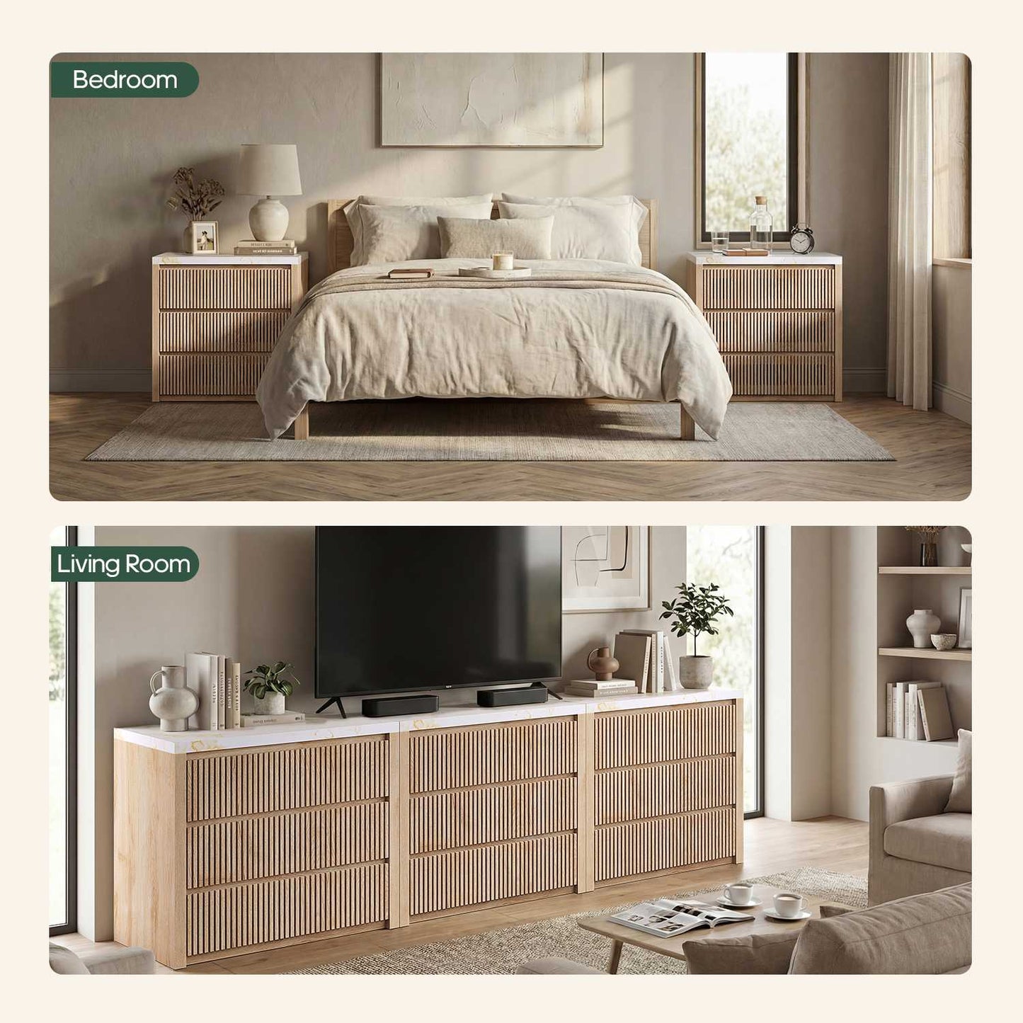 HAUOMS 27.6 Inch Tall Nightstand Extra Large Fluted Wood Bedside Table with 3 Drawers for Bedroom Living Room