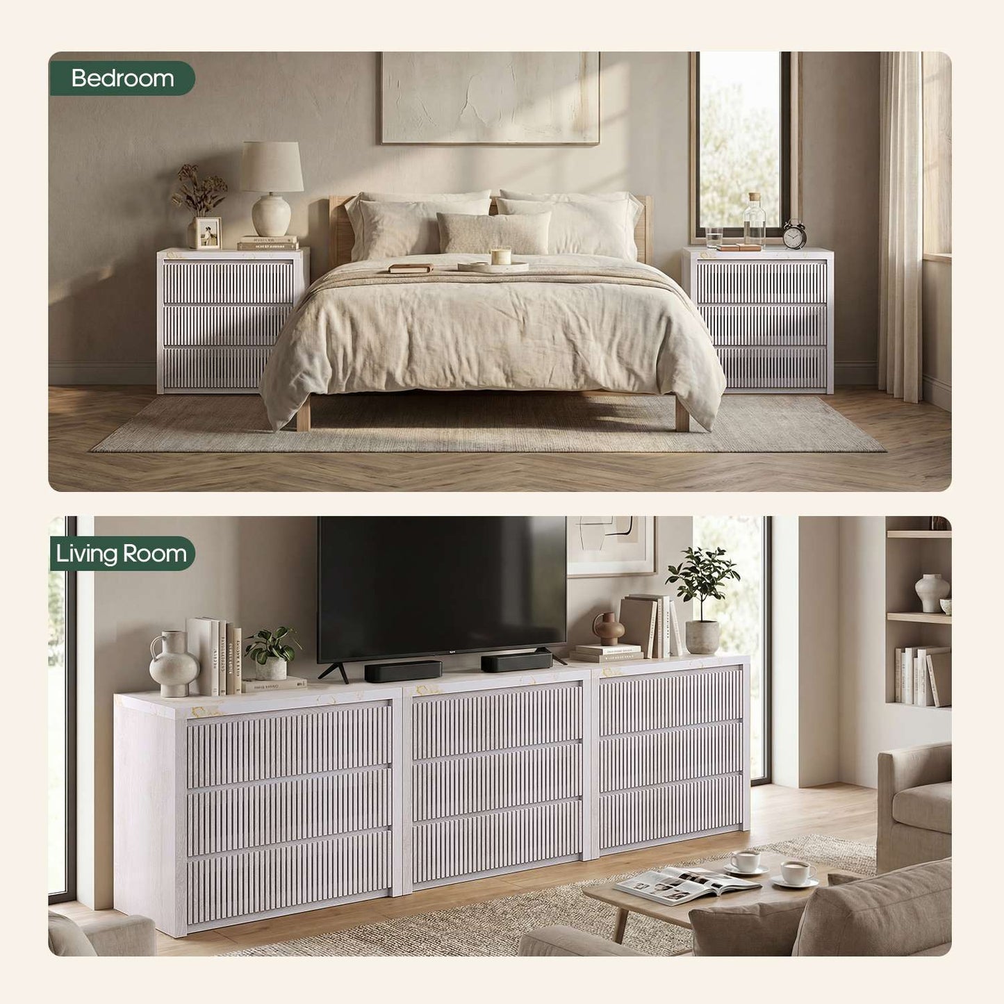HAUOMS 27.6 Inch Tall Nightstand Extra Large Fluted Wood Bedside Table with 3 Drawers for Bedroom Living Room
