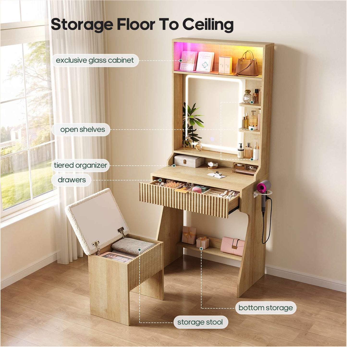 HAUOMS Small Vanity Desk with Mirror Sound Sync LED Lights and Teddy Chair Fluted Wood Compact Makeup Vanity Table Set Storage Drawer