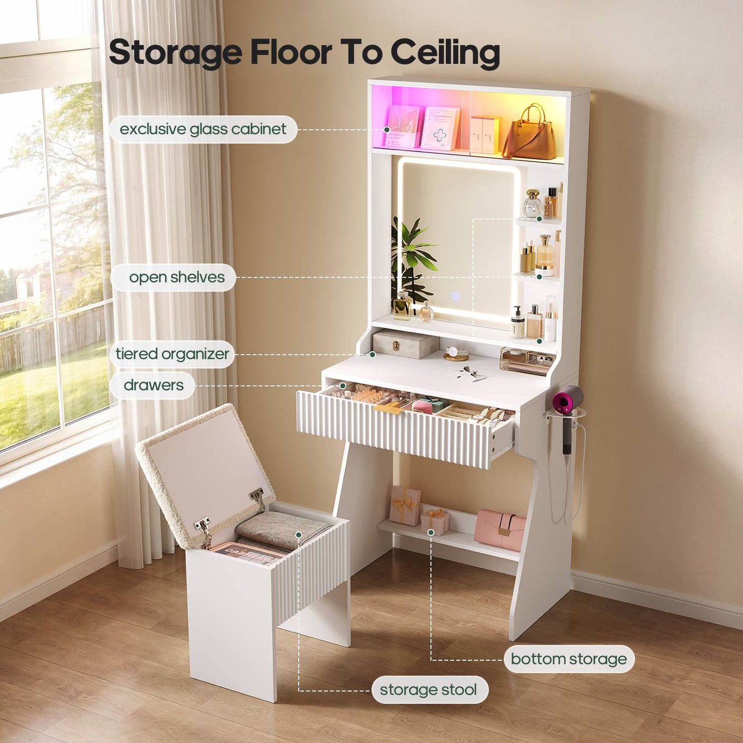 HAUOMS Small Vanity Desk with Mirror Sound Sync LED Lights and Teddy Chair Fluted Wood Compact Makeup Vanity Table Set Storage Drawer