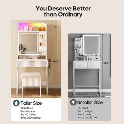 HAUOMS Small Vanity Desk with Mirror Sound Sync LED Lights and Teddy Chair Fluted Wood Compact Makeup Vanity Table Set Storage Drawer