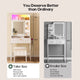 HAUOMS Small Vanity Desk with Mirror Sound Sync LED Lights and Teddy Chair Fluted Wood Compact Makeup Vanity Table Set Storage Drawer