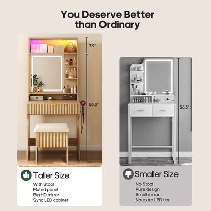 HAUOMS Small Vanity Desk with Mirror Sound Sync LED Lights and Teddy Chair Fluted Wood Compact Makeup Vanity Table Set Storage Drawer