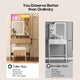 HAUOMS Small Vanity Desk with Mirror Sound Sync LED Lights and Teddy Chair Fluted Wood Compact Makeup Vanity Table Set Storage Drawer
