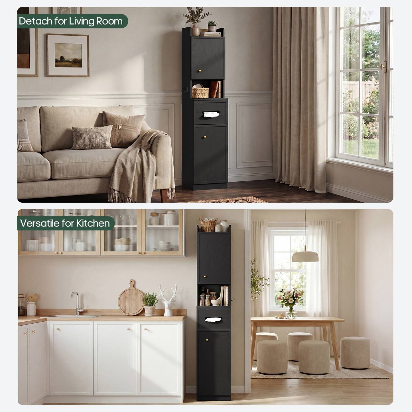 HAUOMS Over Toilet Storage Cabinet with Doors 2-in-1 Separatable Tall Narrow Cabinet 7-Tier Bathroom Storage Cabinet with Adjustable Shelf