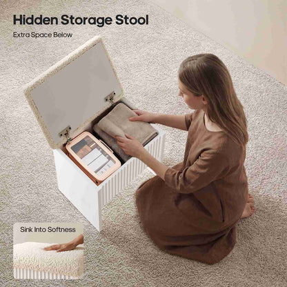 HAUOMS Small Vanity Desk with Mirror Sound Sync LED Lights and Teddy Chair Fluted Wood Compact Makeup Vanity Table Set Storage Drawer