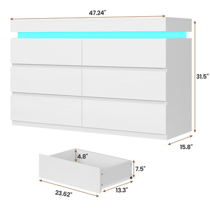 HAUOMS 47.2 Inch Wide Dresser with 6 Drawer and LED Light Modern Chest Dressers of Drawers for Bedroom Living Room