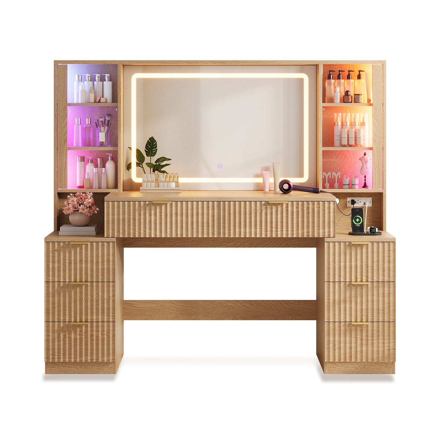 HAUOMS Vanity Oak / Modern / Engineered Wood Fluted Makeup Vanity with LED Mirror & Sound Sync Lights Oak