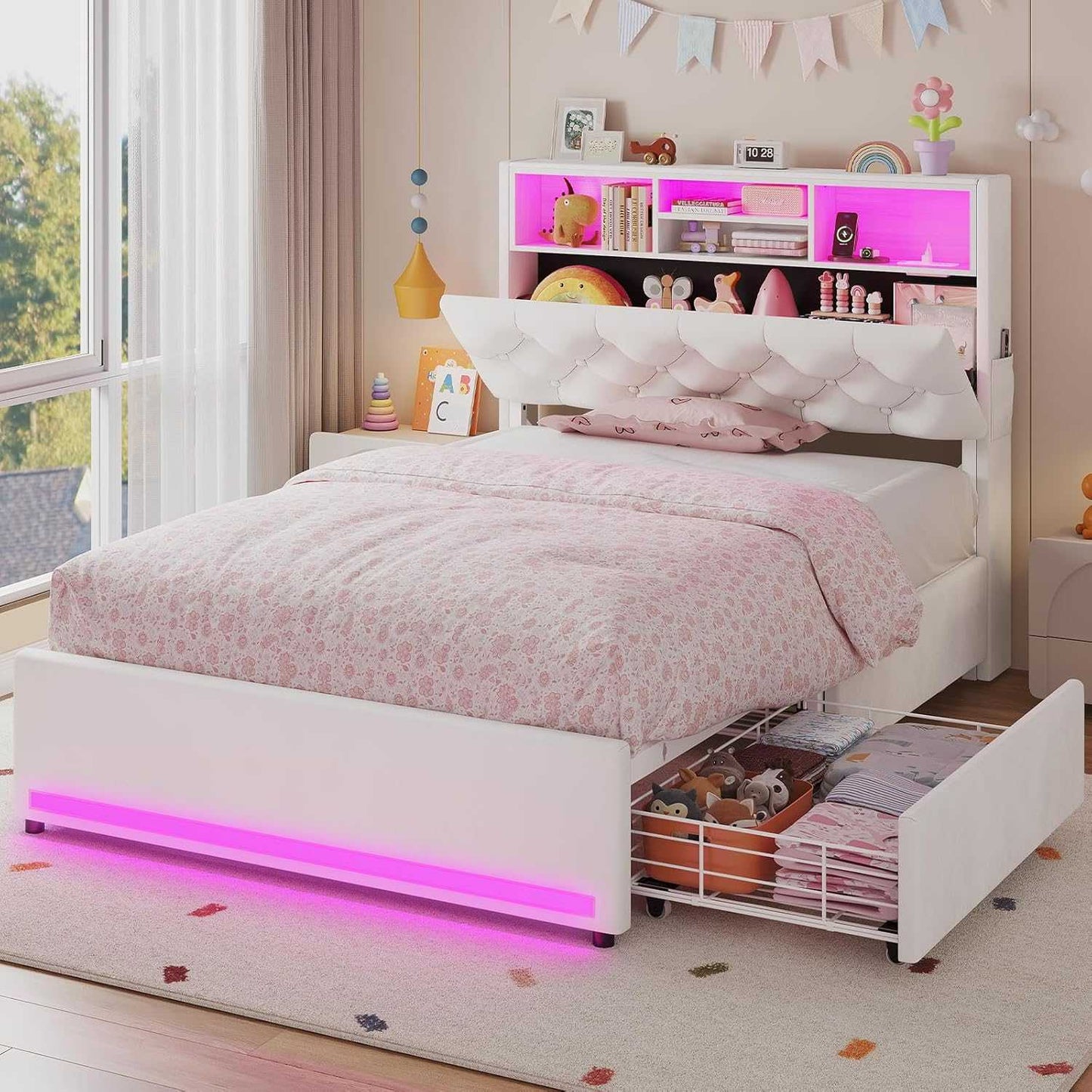HAUOMS Twin Size Bed Frame with Hidden Storage Headboard and 4 Drawers Upholstered Platform Bed Twin with LED Lights Charging Station