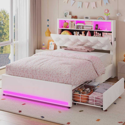 HAUOMS Twin Size Bed Frame with Hidden Storage Headboard and 4 Drawers Upholstered Platform Bed Twin with LED Lights Charging Station