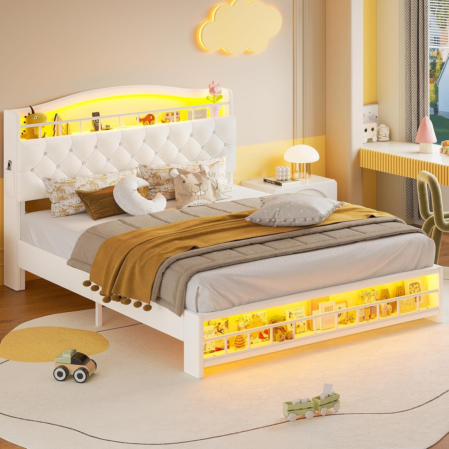 HAUOMS Bed Frame Bed Frame with LED Light Beige