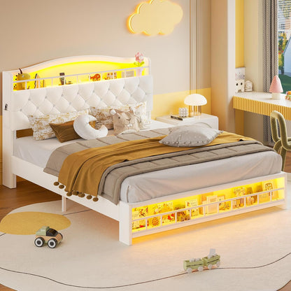 HAUOMS Bed Frame Bed Frame with LED Light Beige