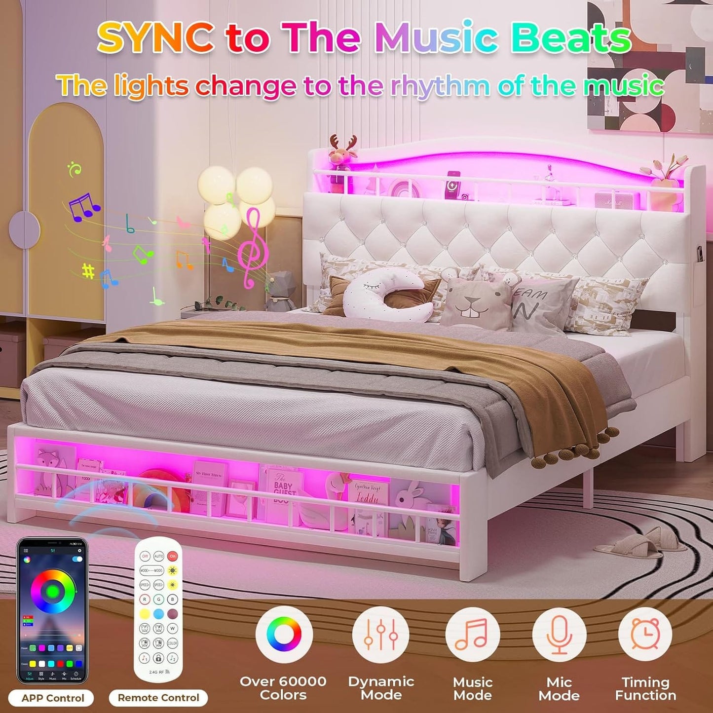 HAUOMS Bed Frame Bed Frame with LED Light Beige