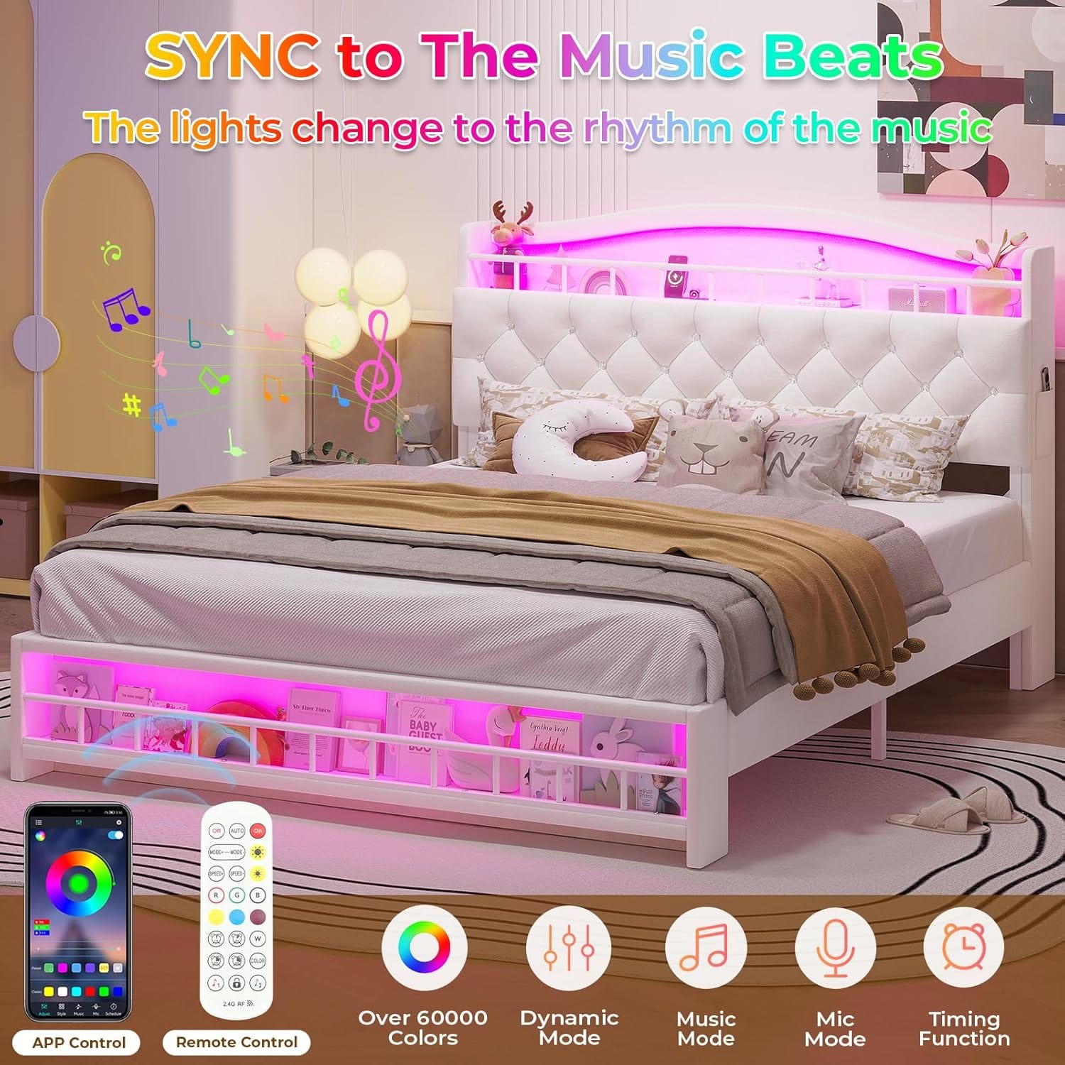 HAUOMS Bed Frame Bed Frame with LED Light Beige