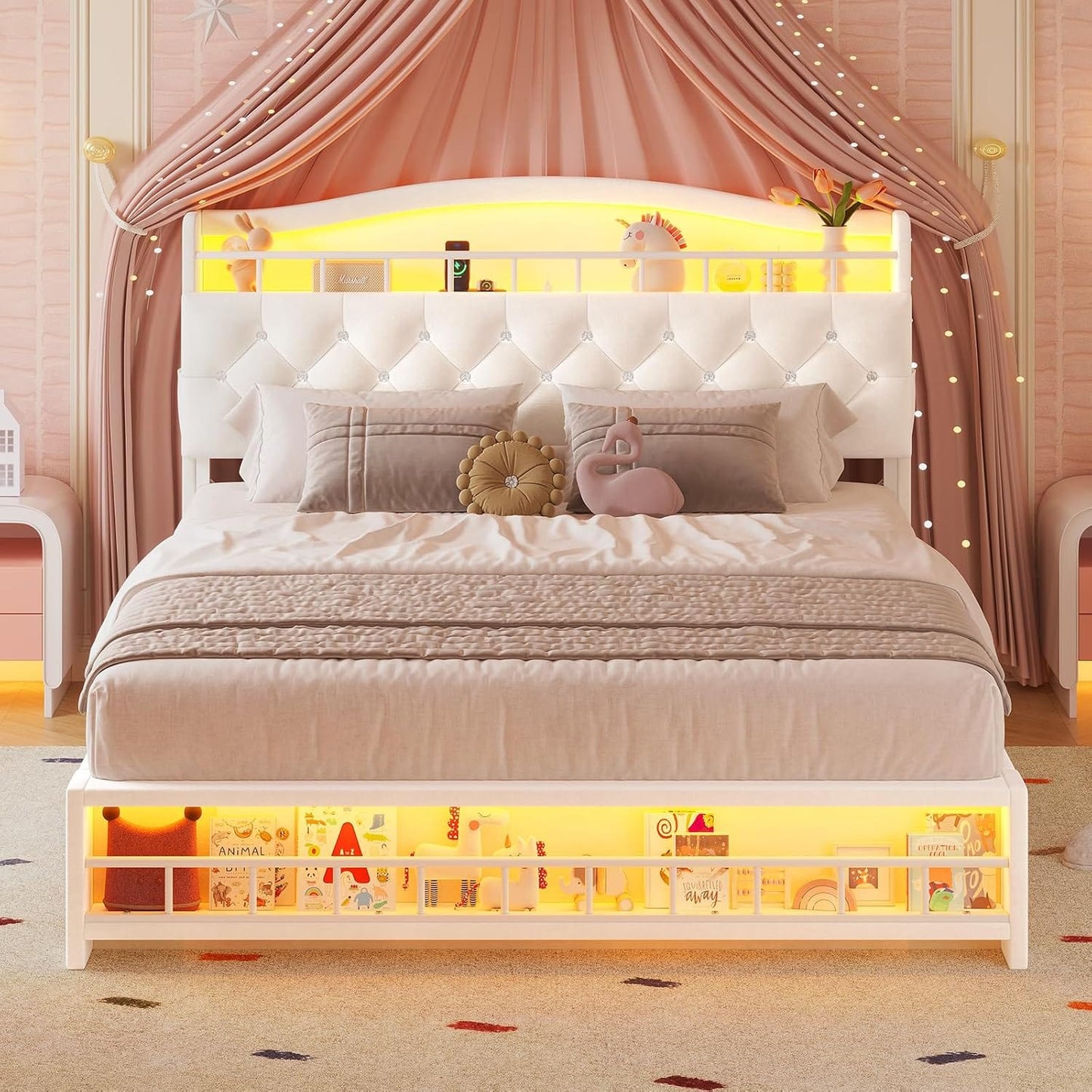 HAUOMS Bed Frame Bed Frame with LED Light Beige