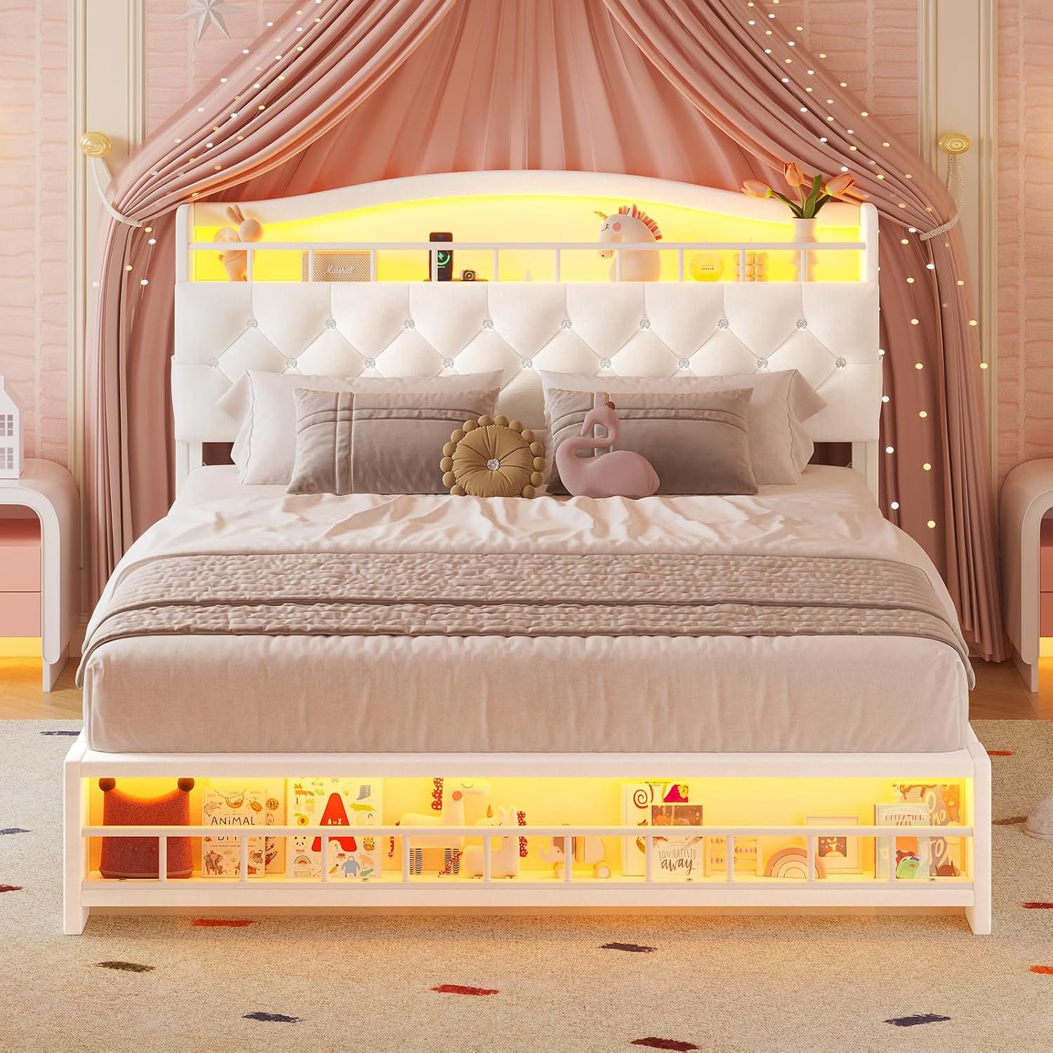HAUOMS Bed Frame Bed Frame with LED Light Beige