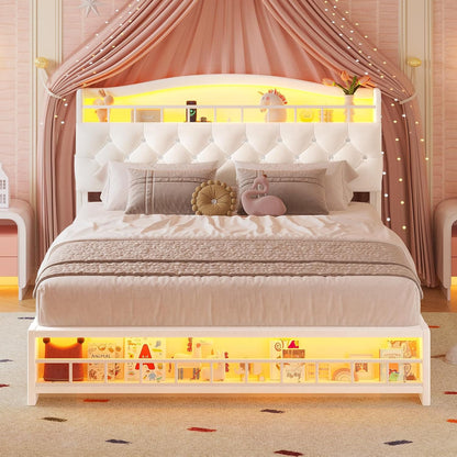 HAUOMS Bed Frame Bed Frame with LED Light Beige