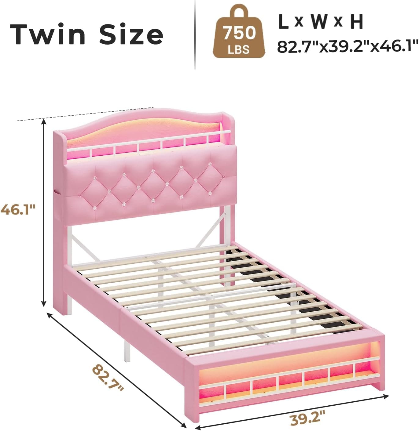 HAUOMS Bed Frame Bed Frame with LED Light Pink