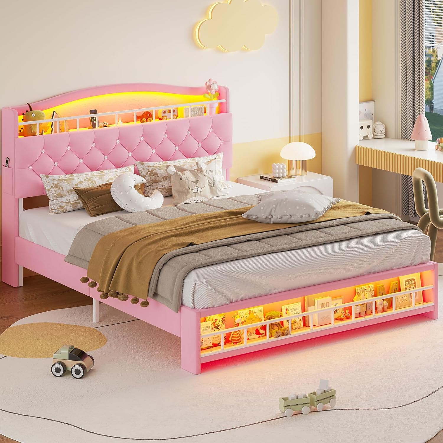 HAUOMS Bed Frame Bed Frame with LED Light Pink