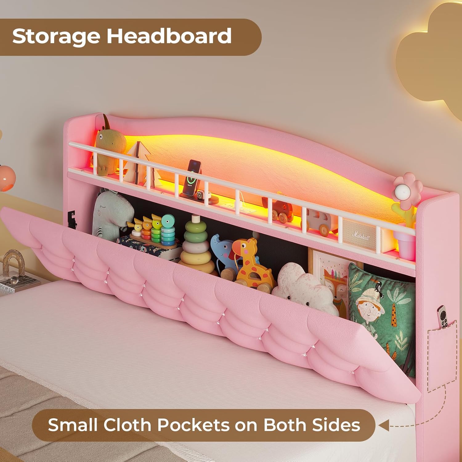 HAUOMS Bed Frame Bed Frame with LED Light Pink