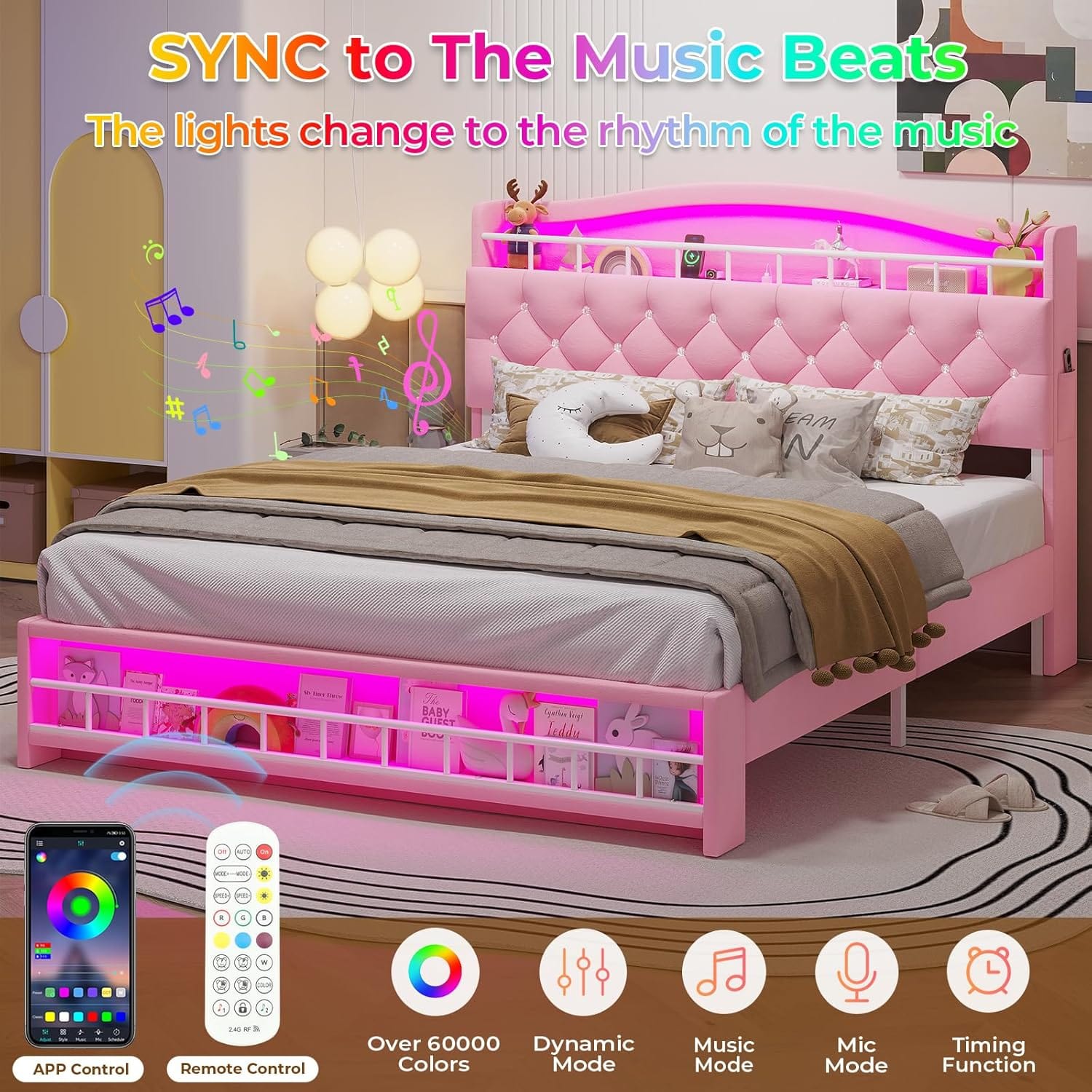 HAUOMS Bed Frame Bed Frame with LED Light Pink