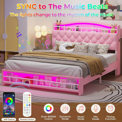 HAUOMS Bed Frame Bed Frame with LED Light Pink