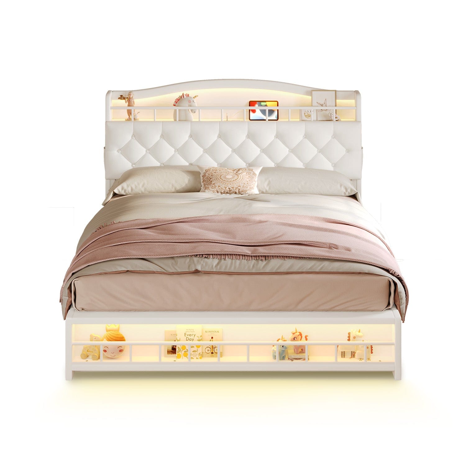HAUOMS Bed Frame Bed Frame with LED Lights Beige