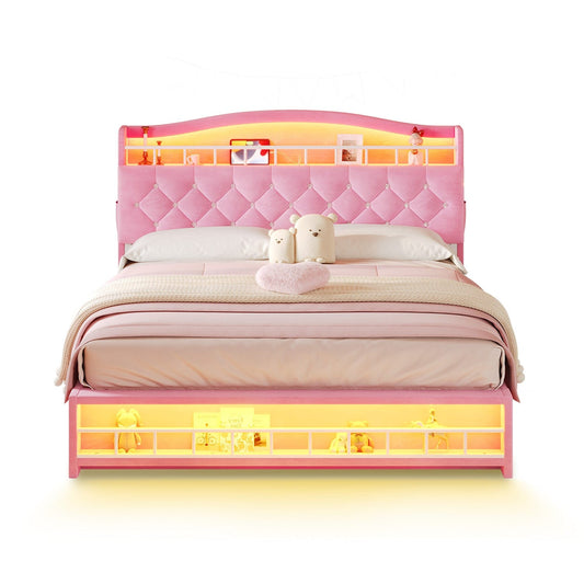 HAUOMS Bed Frame Bed Frame with LED Lights Pink