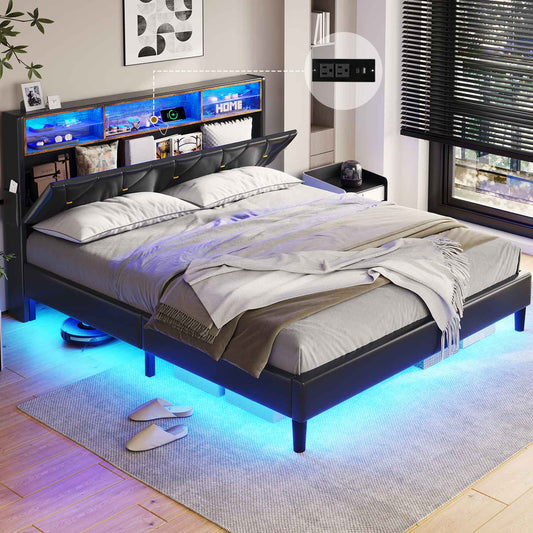 Hauoms Bed Frame Black / Full Size / Pu Leather Faux Leather LED Bed Frame Black
