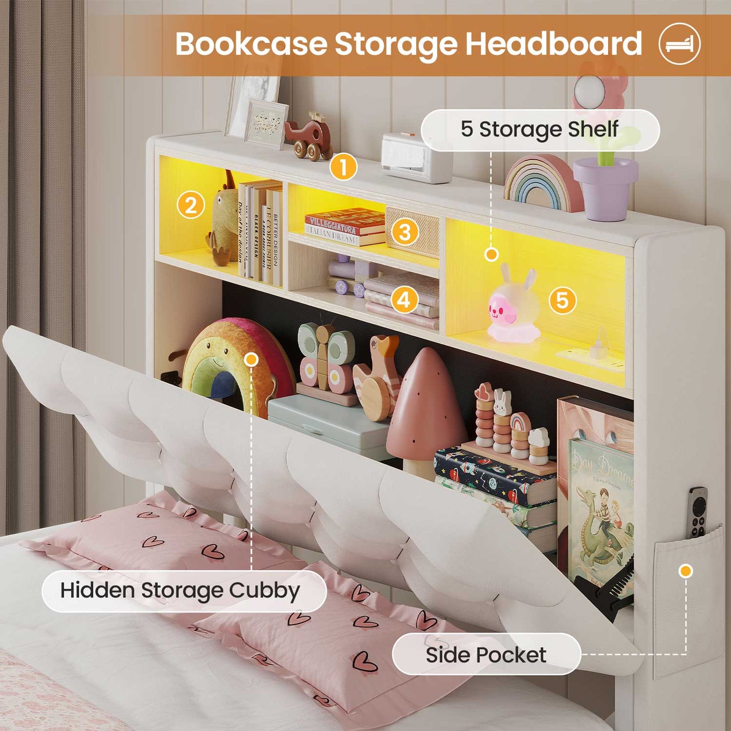 HAUOMS Bed Frame Black / Twin LED Twin Bed Frame with Bookcase Headboard, White