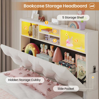 HAUOMS Bed Frame Black / Twin LED Twin Bed Frame with Bookcase Headboard, White