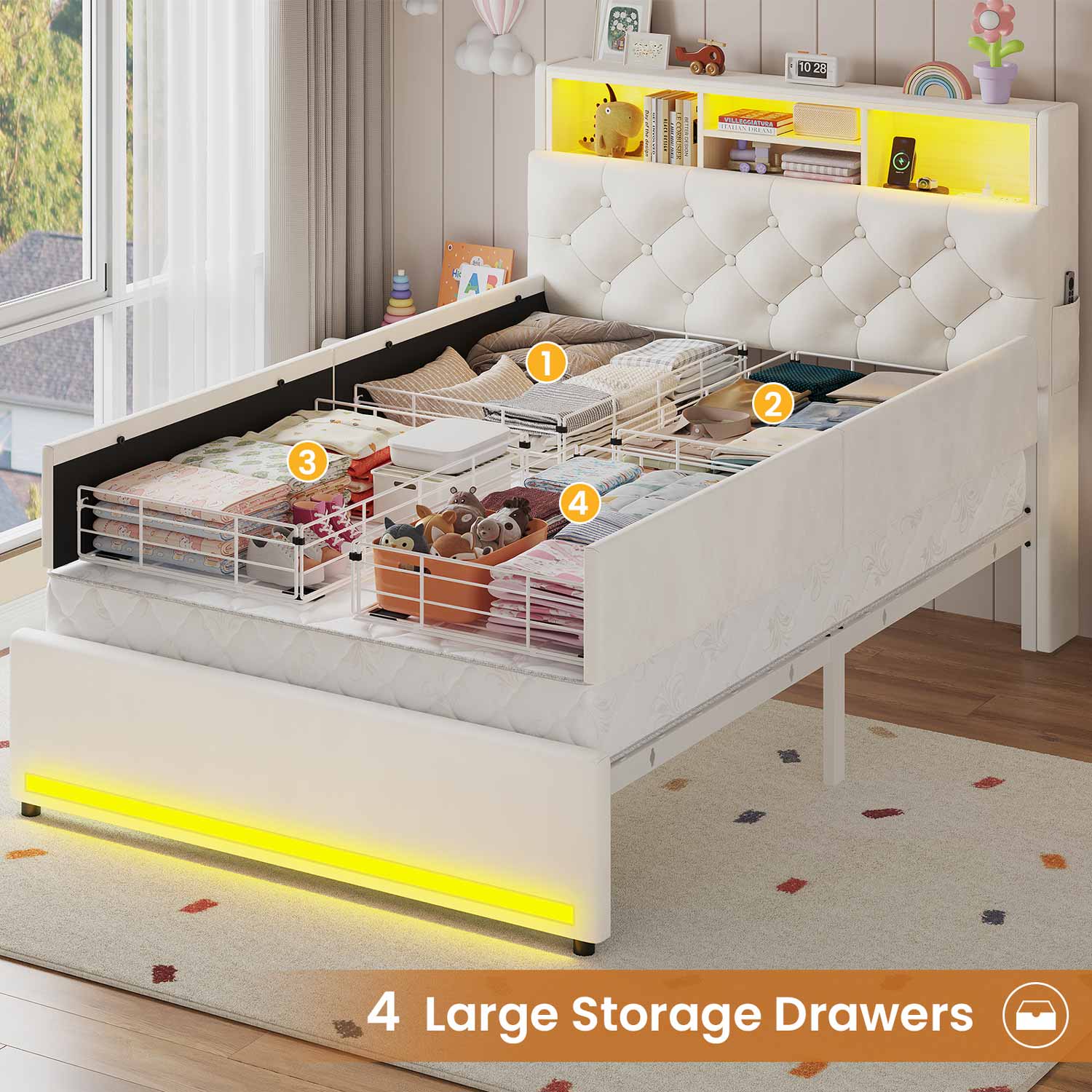 HAUOMS Bed Frame Black / Twin LED Twin Bed Frame with Bookcase Headboard, White