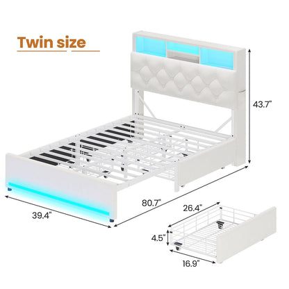 HAUOMS Bed Frame Black / Twin LED Twin Bed Frame with Bookcase Headboard, White