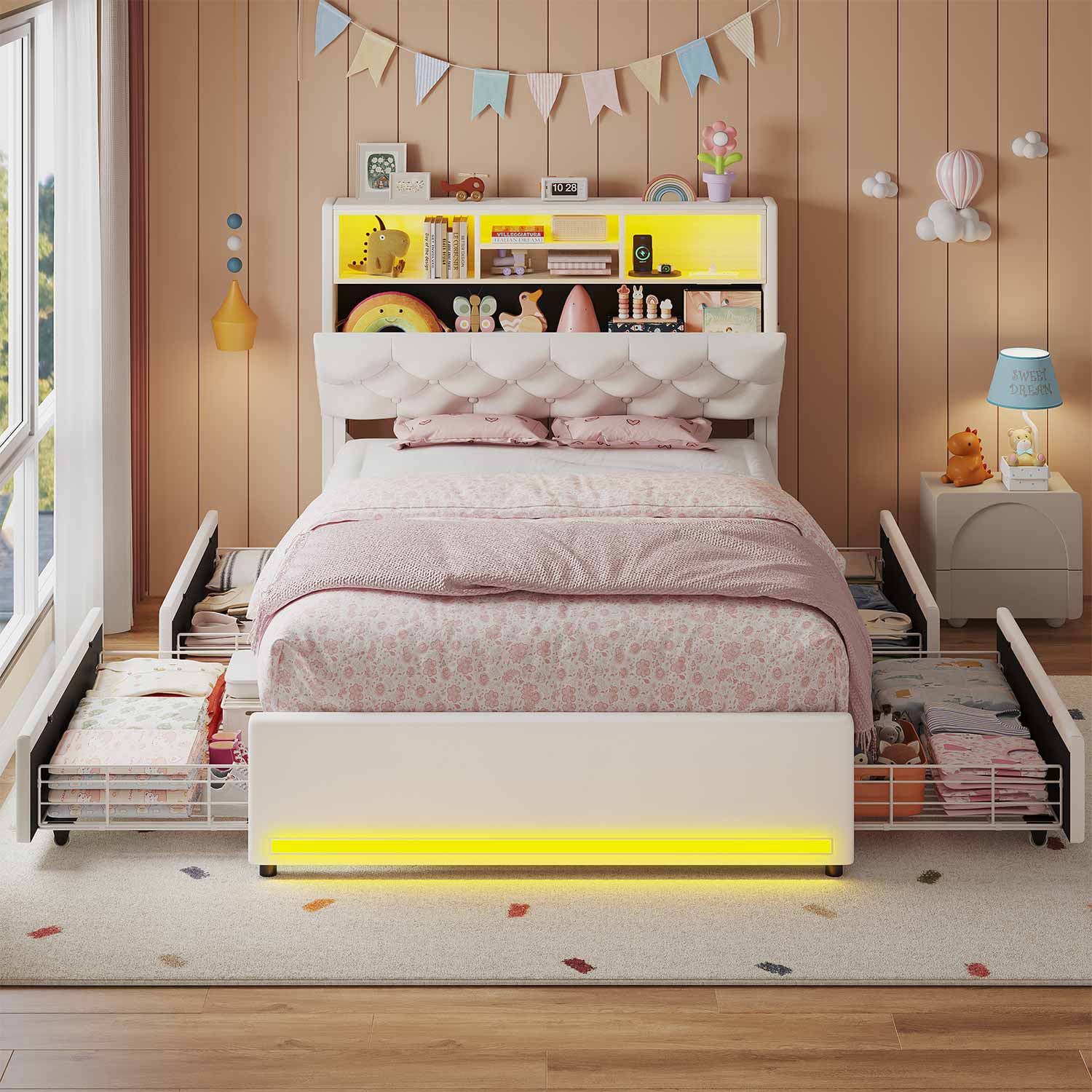 HAUOMS Bed Frame Black / Twin LED Twin Bed Frame with Bookcase Headboard, White