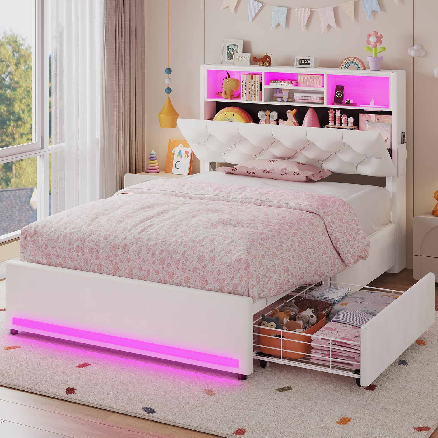 HAUOMS Bed Frame Black / Twin LED Twin Bed Frame with Bookcase Headboard, White