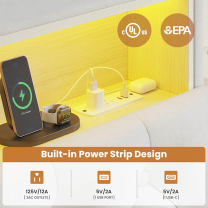 HAUOMS Bed Frame Black / Twin LED Twin Bed Frame with Bookcase Headboard, White