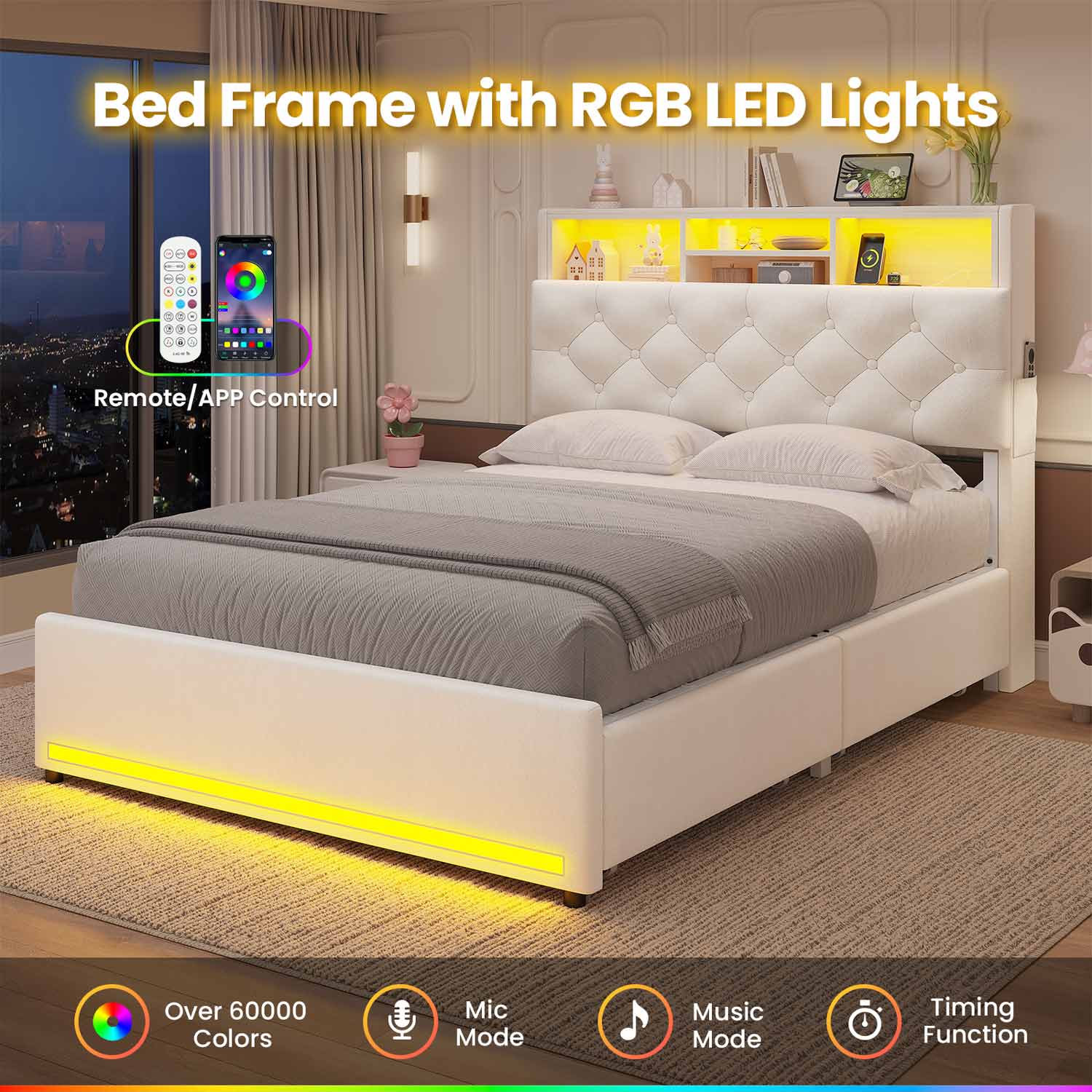 HAUOMS Bed Frame Black / Twin LED Twin Bed Frame with Bookcase Headboard, White