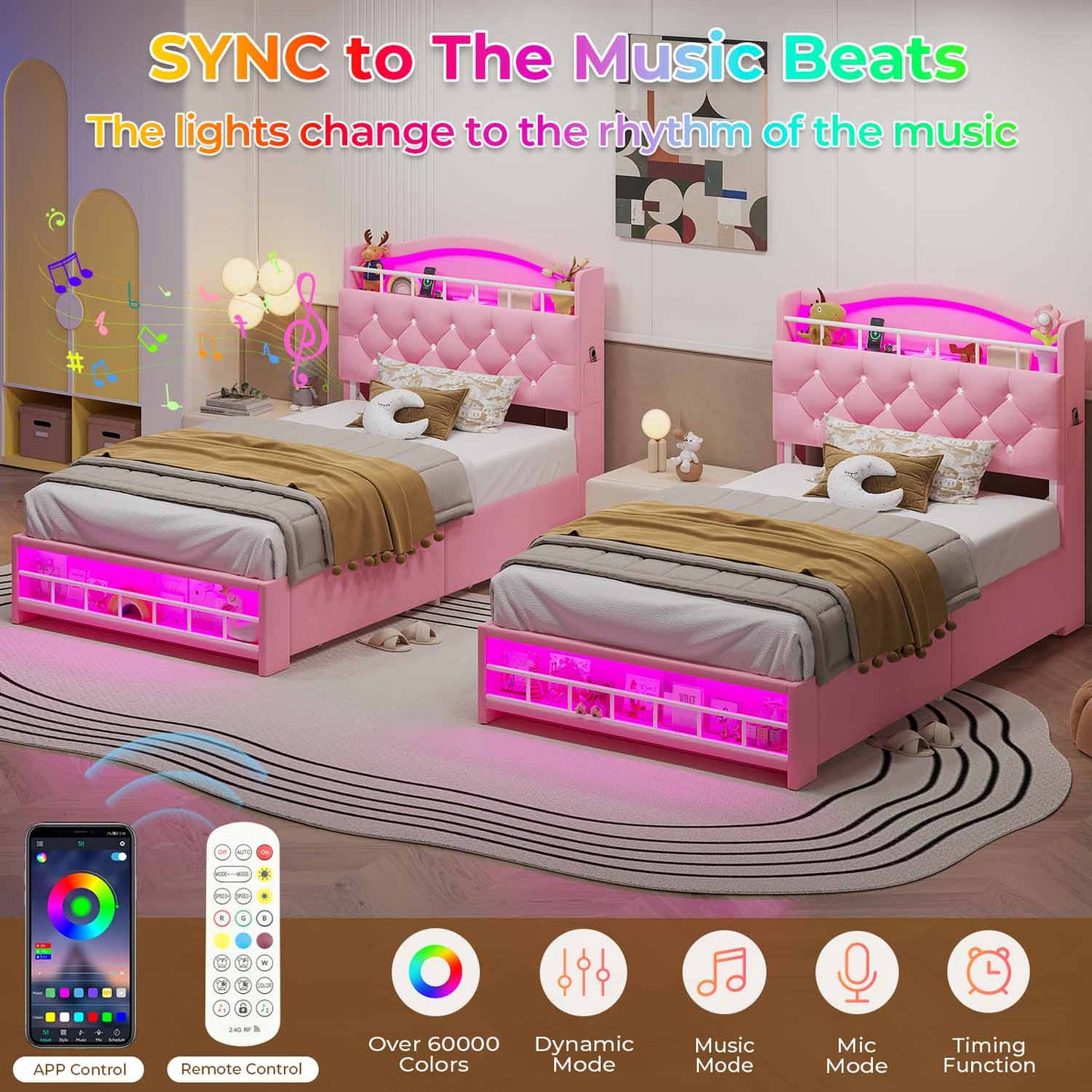 HAUOMS Bed Frame Black Twin Size Bed Frame with LED Lights & 4 Drawers, Pink