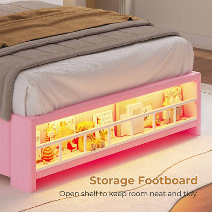 HAUOMS Bed Frame Black Twin Size Bed Frame with LED Lights & 4 Drawers, Pink