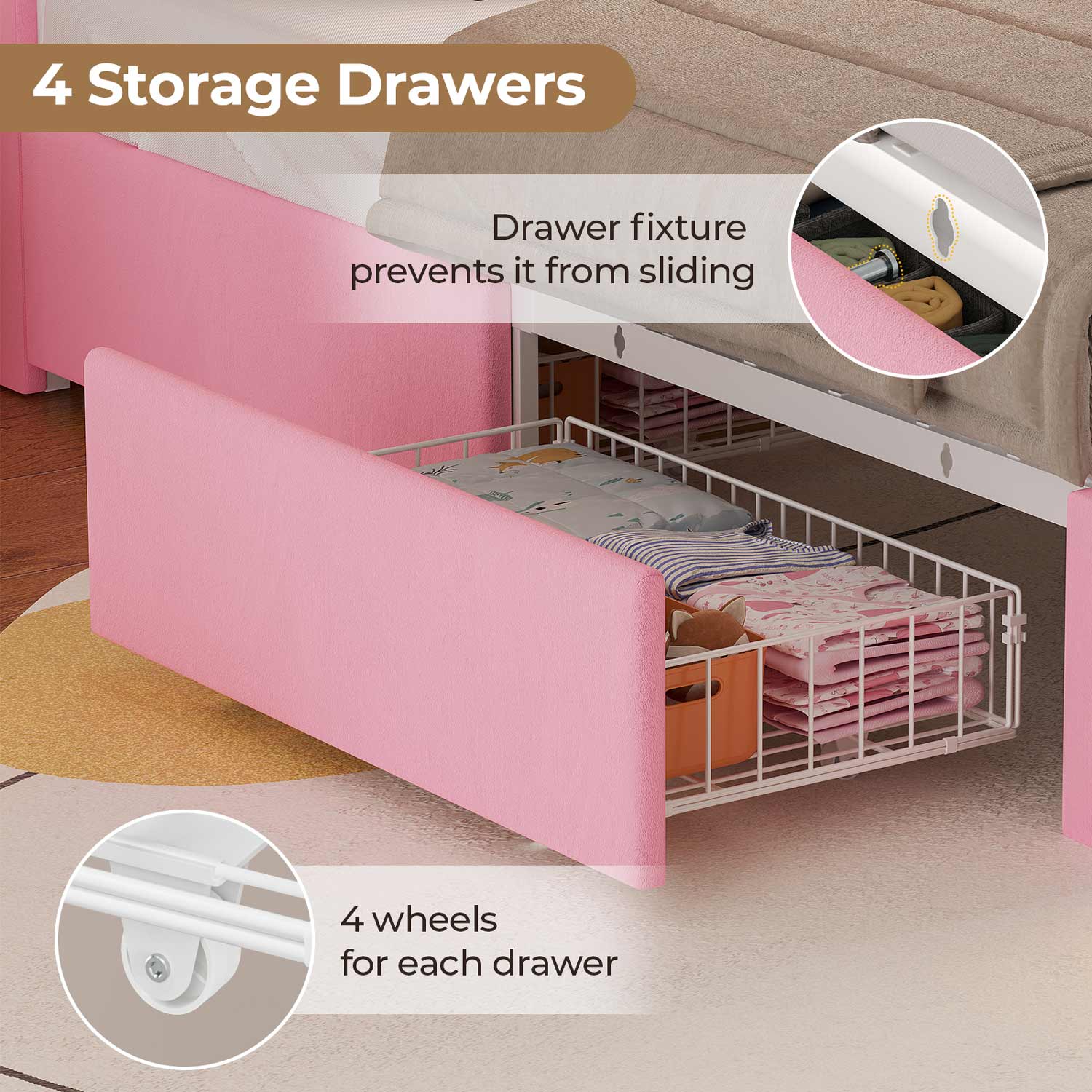 HAUOMS Bed Frame Black Twin Size Bed Frame with LED Lights & 4 Drawers, Pink