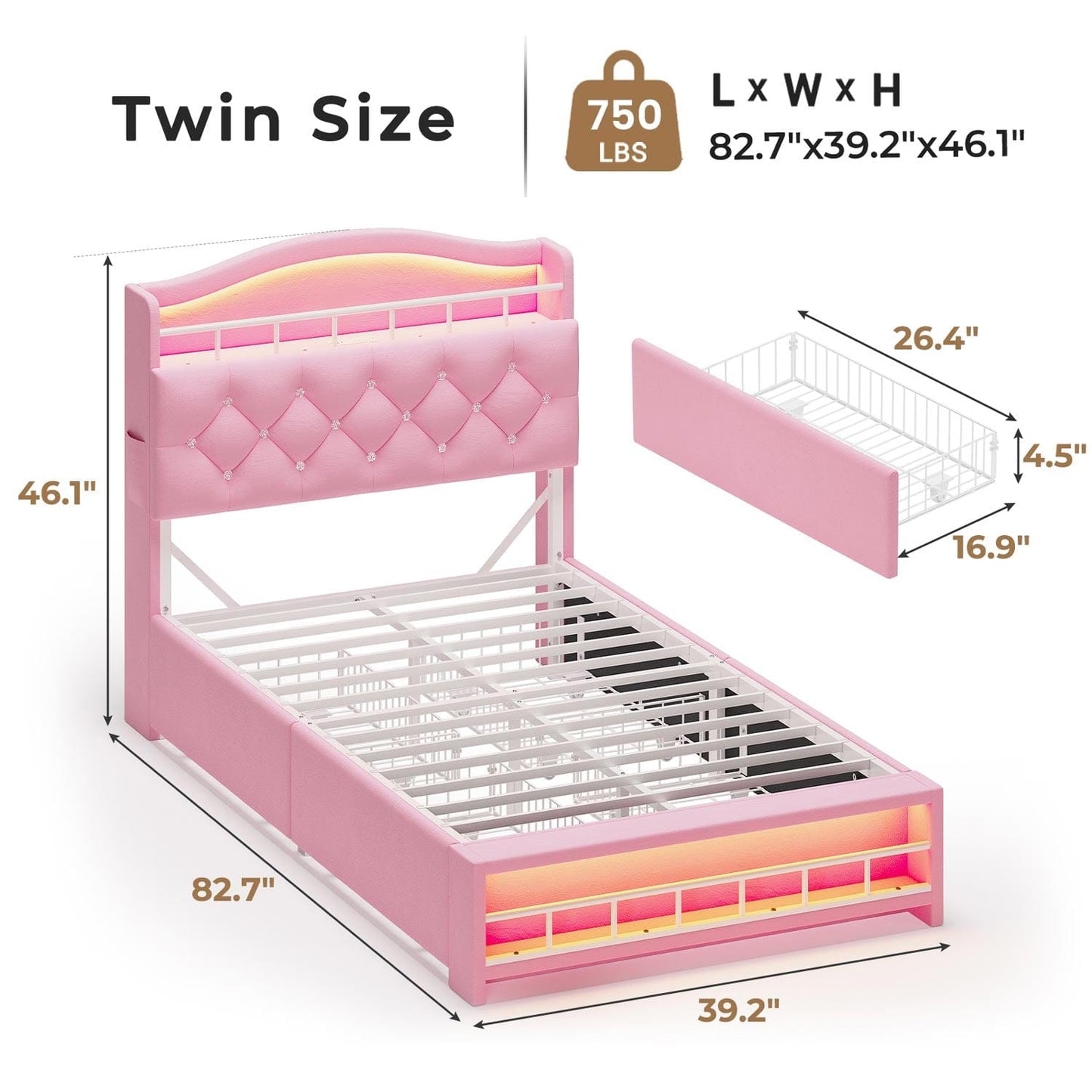 HAUOMS Bed Frame Black Twin Size Bed Frame with LED Lights & 4 Drawers, Pink