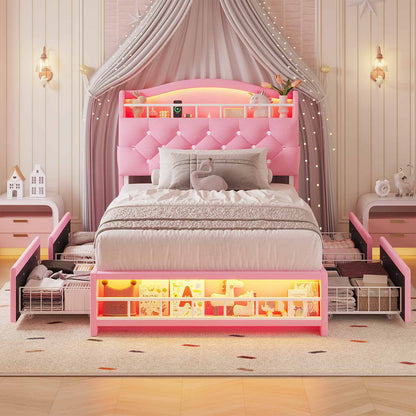 HAUOMS Bed Frame Black Twin Size Bed Frame with LED Lights & 4 Drawers, Pink